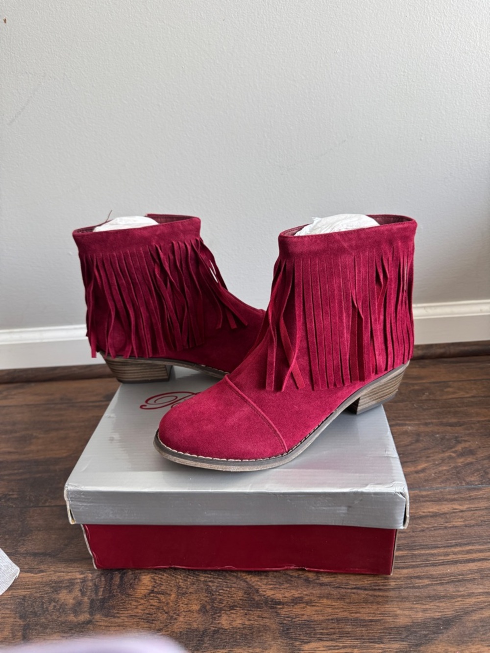 Breckelles Burgundy Suede Fringe Ankle Boots